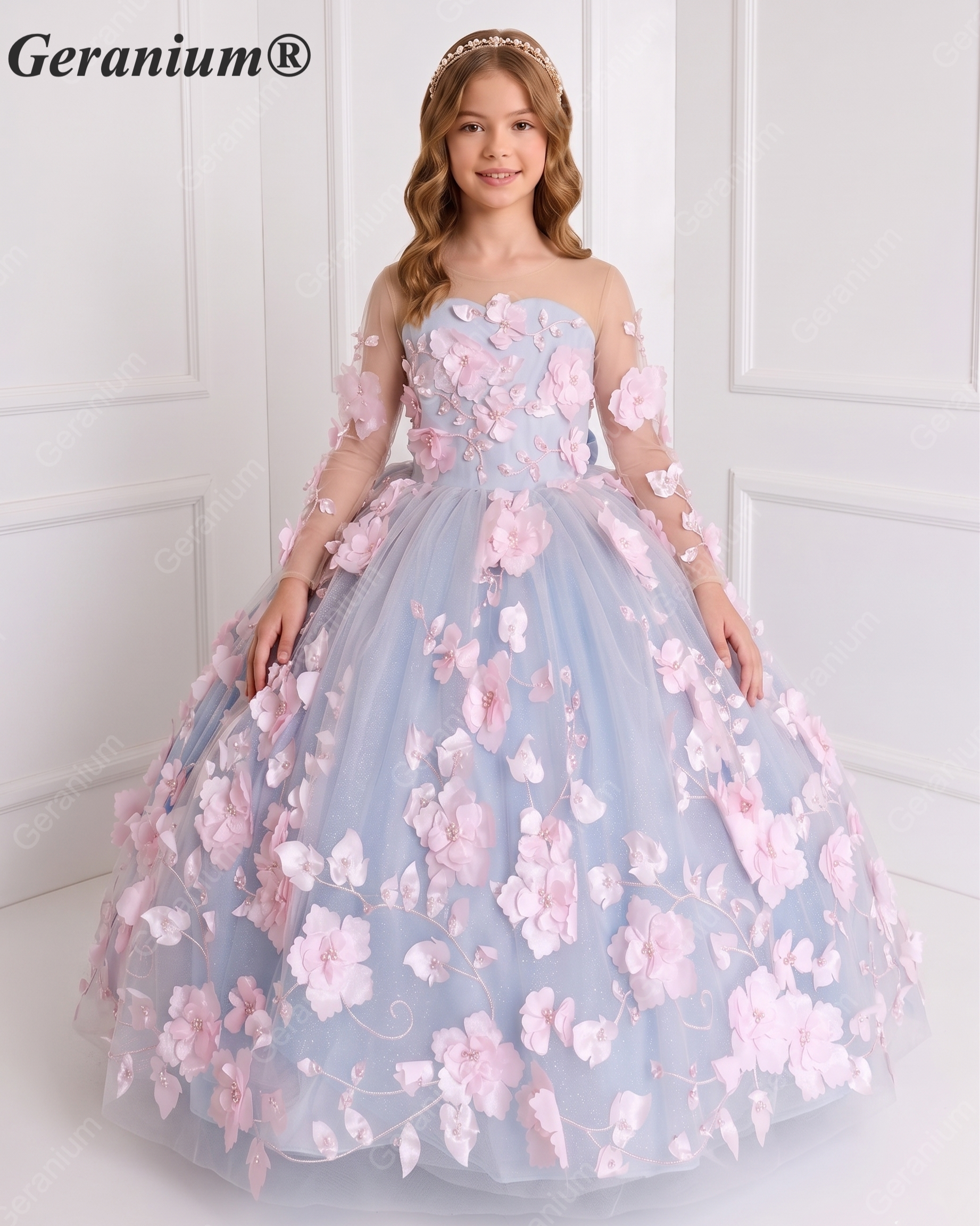 Sky Blue 3D Floral Junior Bridesmaid Dress