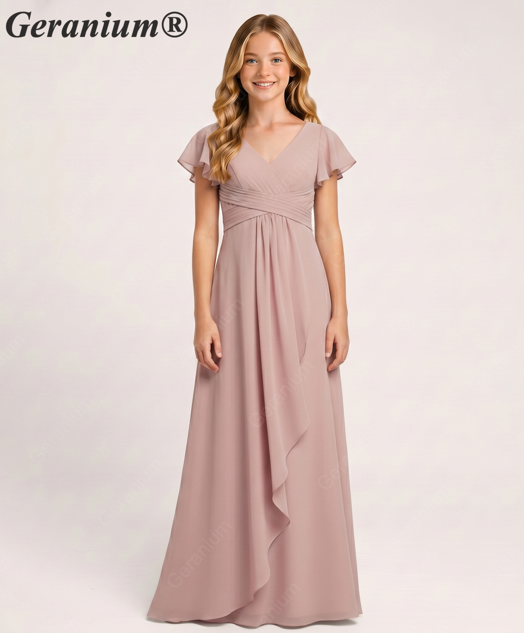 junior bridesmaid dresses long sleeve Chiffon Flutter Dress Color:Dark Green