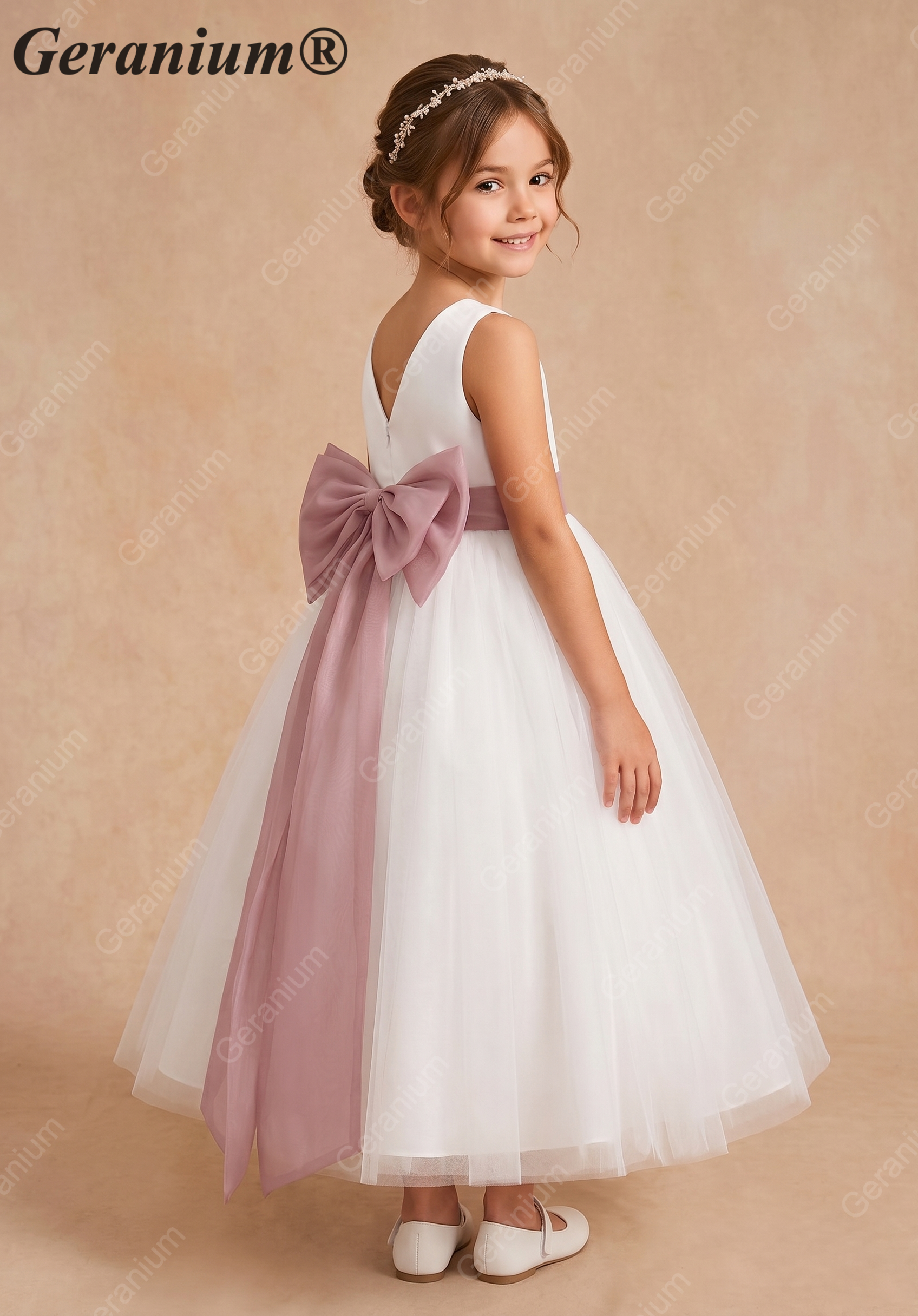 Geranium Elegant White Tulle Flower Girl Dress with Dusty Rose Sash & Oversized Back Bow KD-195