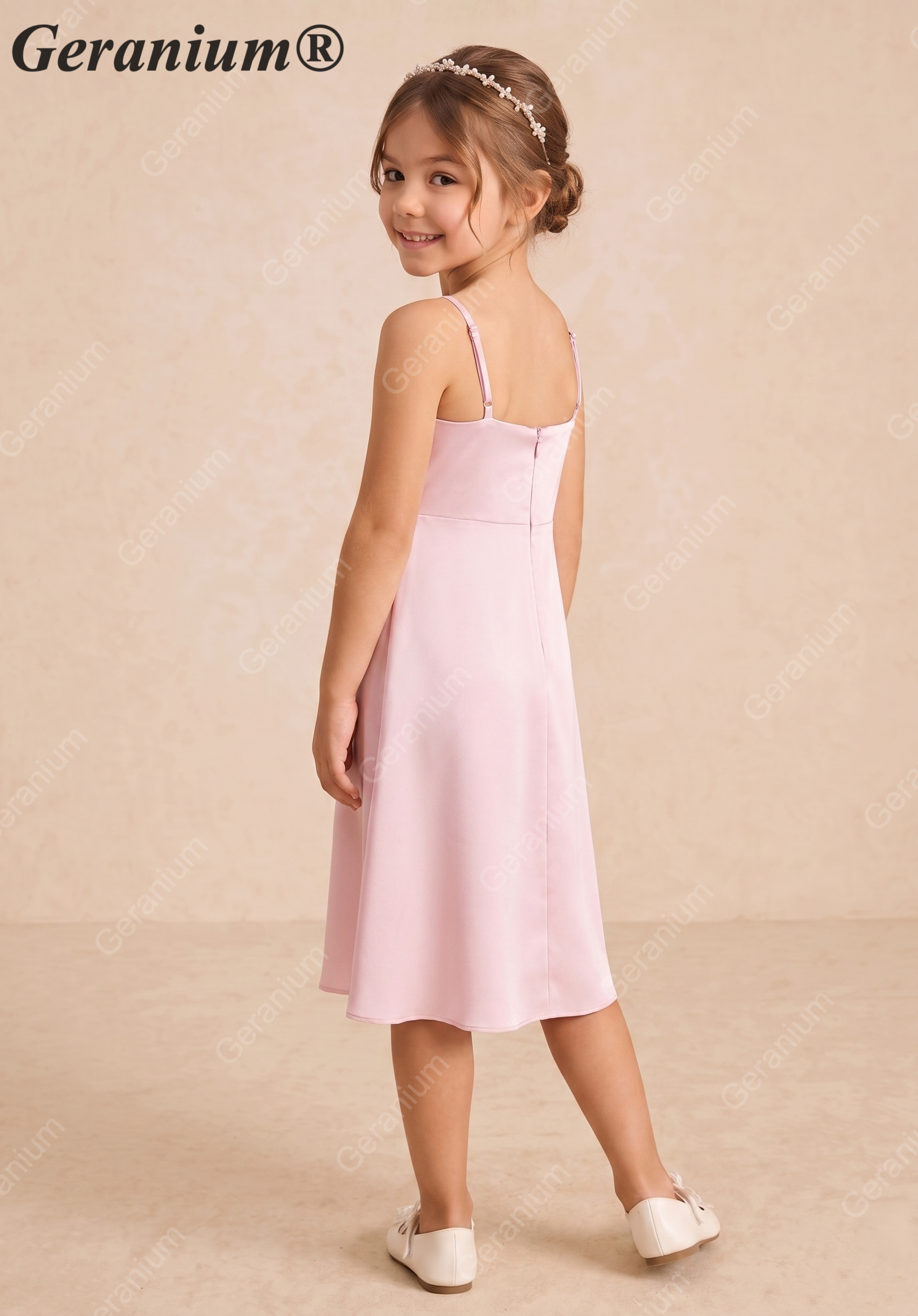 Geranium Blushing Pink Satin A-Line Flower Girl Dress with Cowl Neck – KD-224 Secondary image