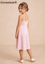 Geranium Elegant Blushing Pink Satin A-Line Flower Girl Dress with Cowl Neck and Straps - Princess Tea-Length KD-224