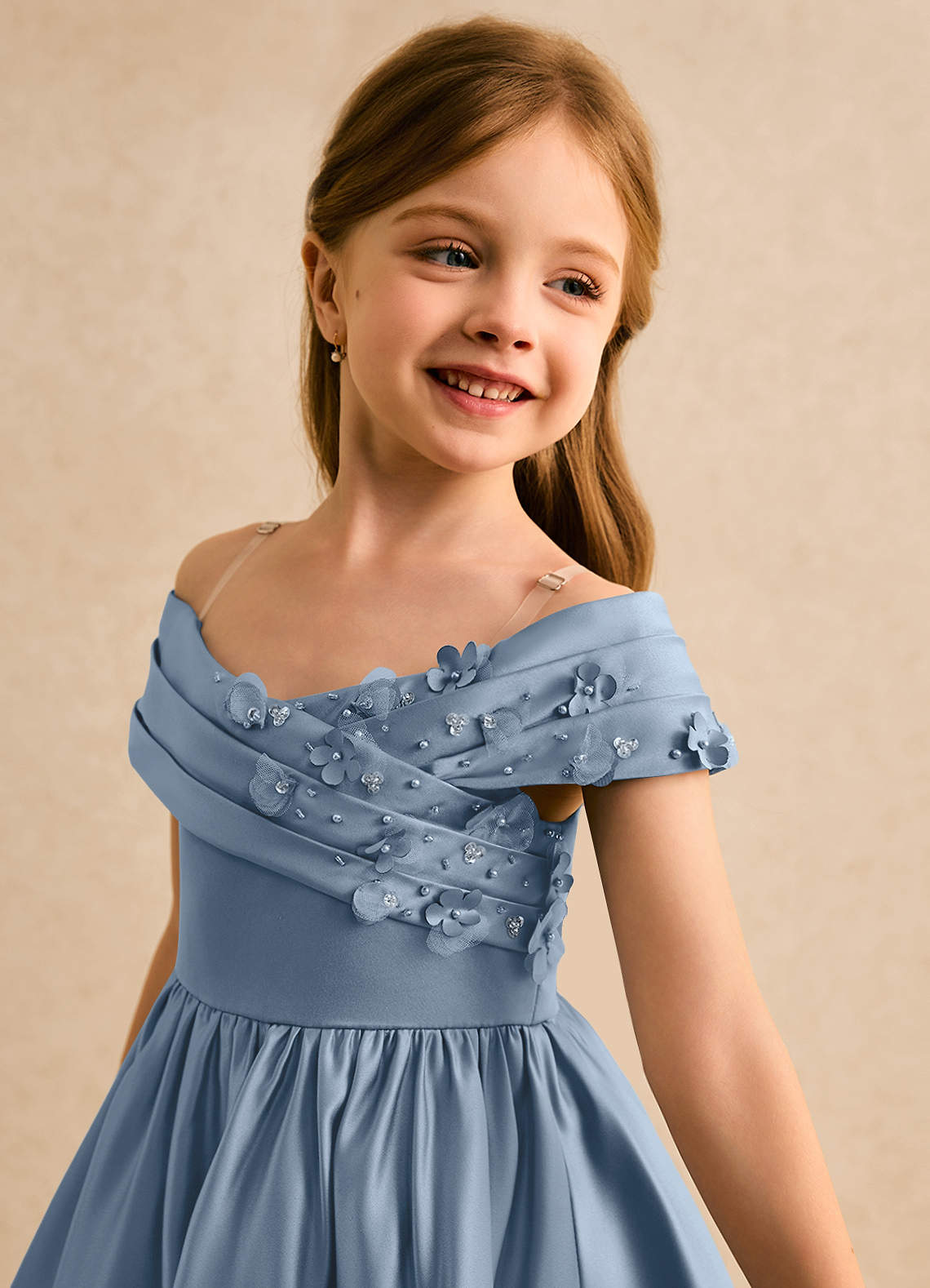 Garanium deedee ball gown off the shoulder matte satin tea length flower girl dress