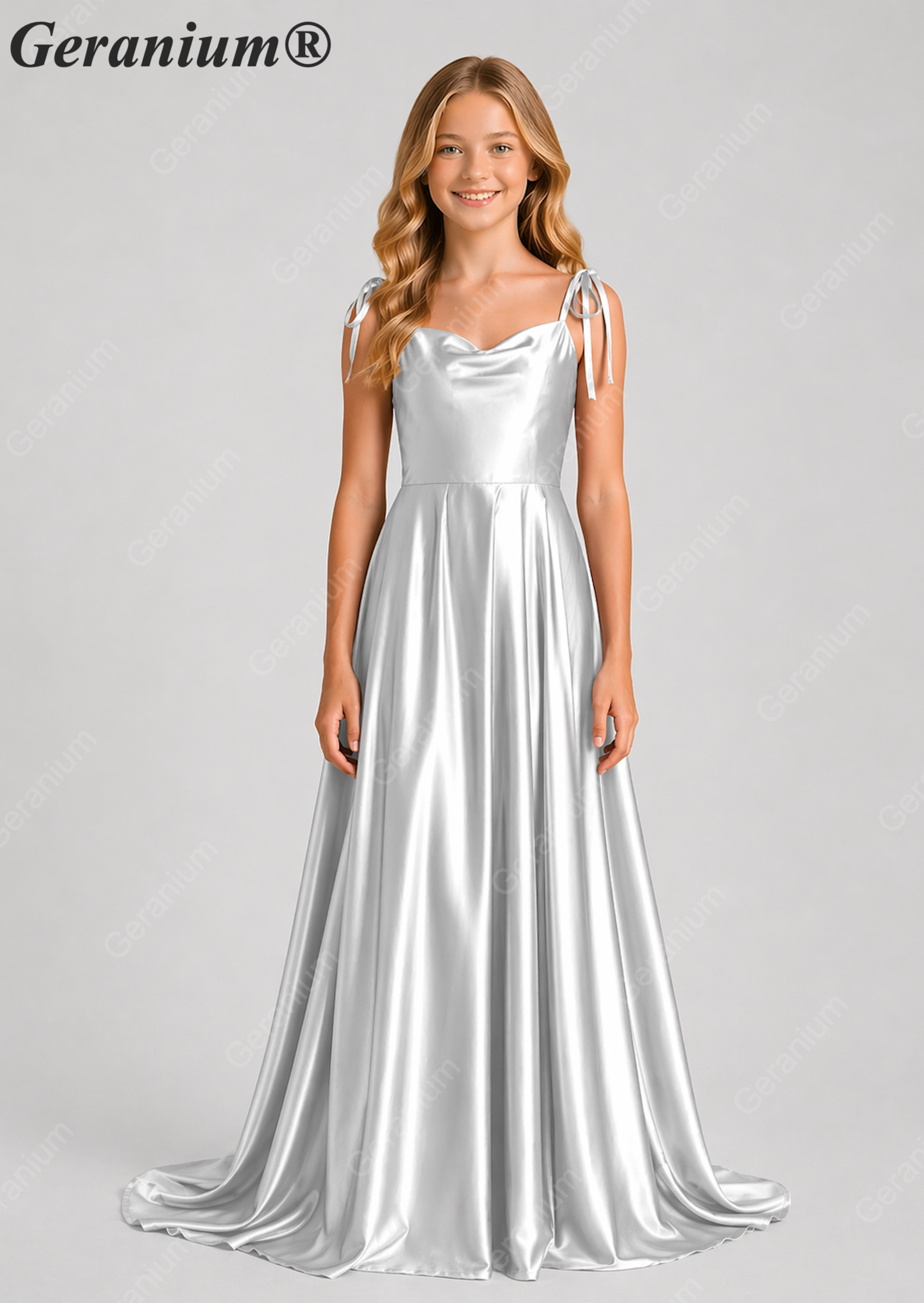 Geranium Elegant Sage Green Satin Cowl Neck Junior Bridesmaid Dress with Tie Straps KD-333