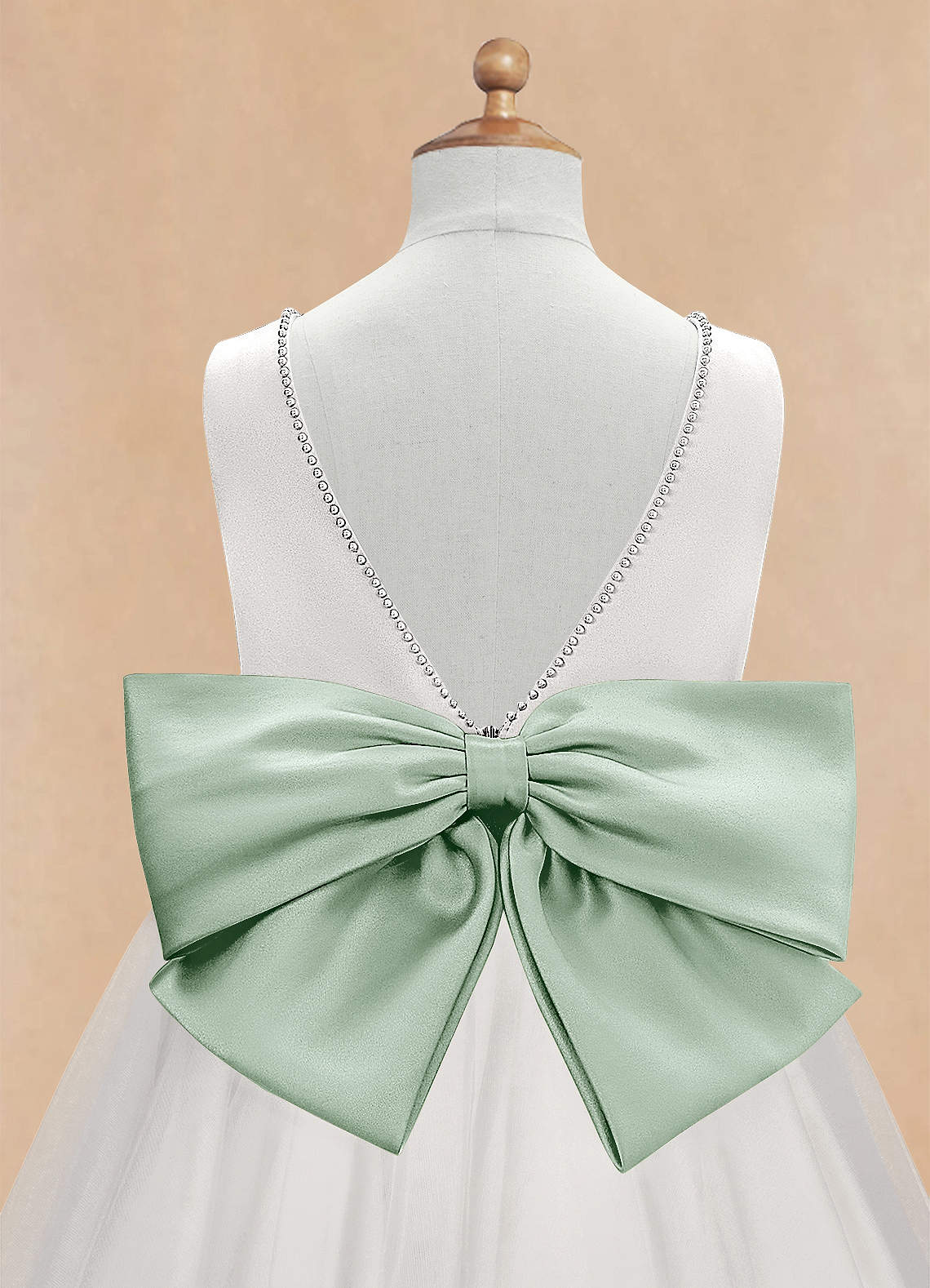 Geranium Elegant Pearl V-Neck Flower Girl Dress with Detachable Sage Green Satin Back Bow KD-298