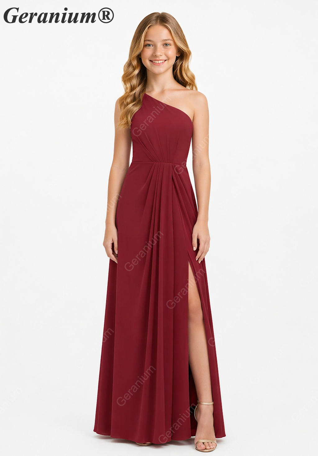 Geranium Elegant One-Shoulder Pleated Chiffon Junior Bridesmaid Dress with Side Slit KD-317
