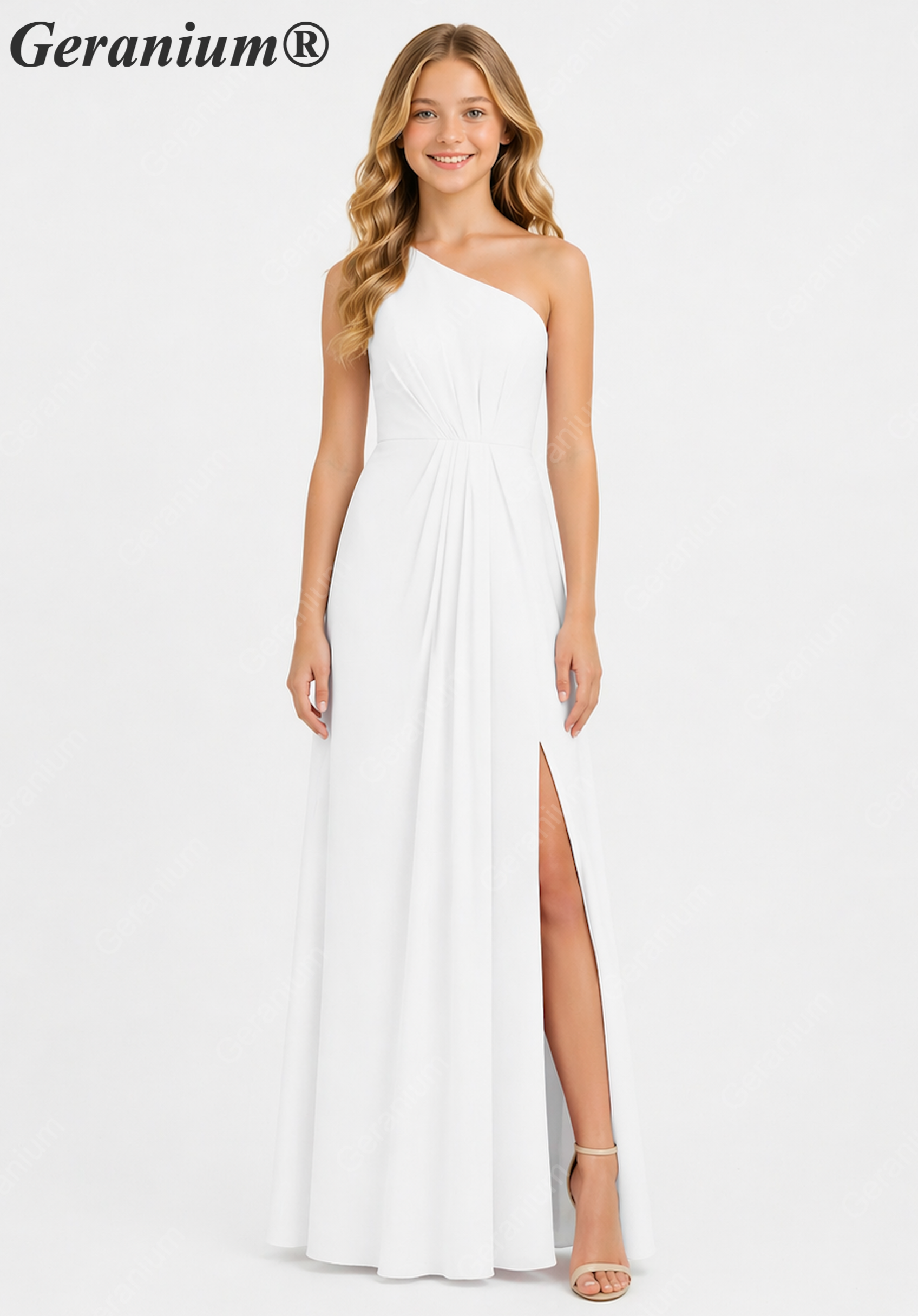 Geranium Elegant One-Shoulder Pleated Chiffon Junior Bridesmaid Dress with Side Slit KD-317