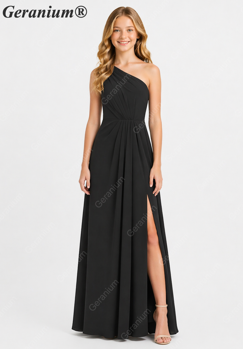 Geranium Elegant One-Shoulder Pleated Chiffon Junior Bridesmaid Dress with Side Slit KD-317