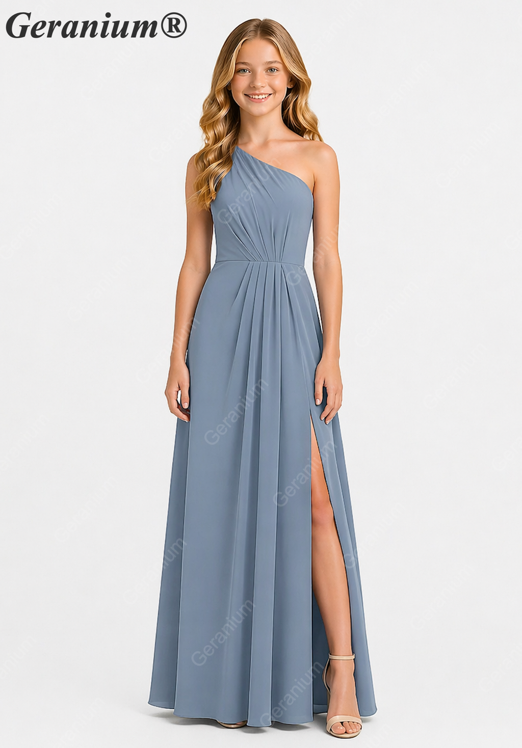 Geranium Elegant One-Shoulder Pleated Chiffon Junior Bridesmaid Dress with Side Slit KD-317