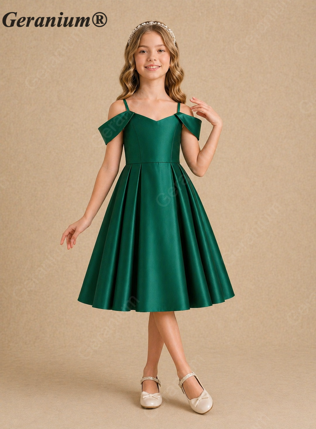 Geranium Elegant Emerald Green Satin Off-the-Shoulder Flower Girl Dress with Big Bow KD-8J Secondary image