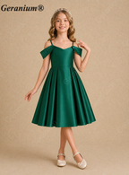 Geranium Elegant Emerald Green Satin Off-the-Shoulder Flower Girl Dress with Big Bow KD-8J