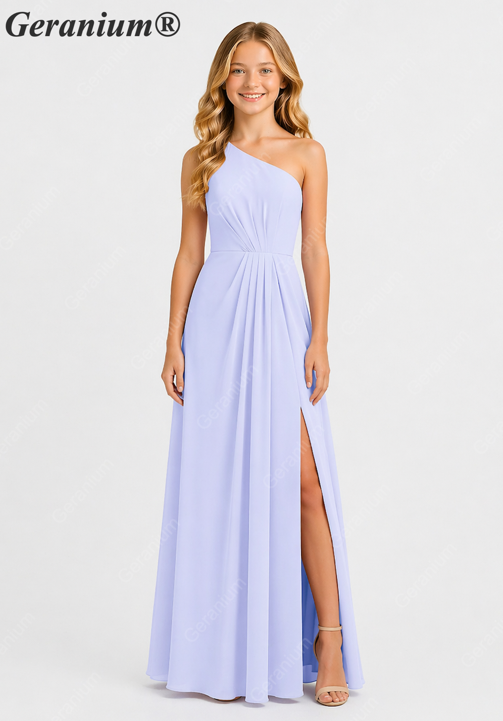 Geranium Elegant One-Shoulder Pleated Chiffon Junior Bridesmaid Dress with Side Slit KD-317