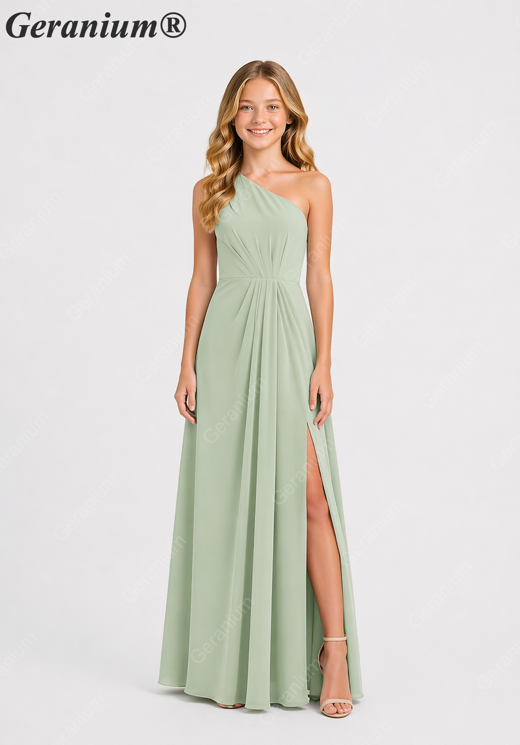 Geranium Elegant One-Shoulder Pleated Chiffon Junior Bridesmaid Dress with Side Slit KD-317