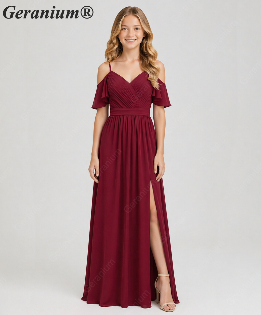 Geranium Elegant Cold Shoulder Chiffon Junior Bridesmaid Dress with Side Slit & Pleated Bodice KD-318