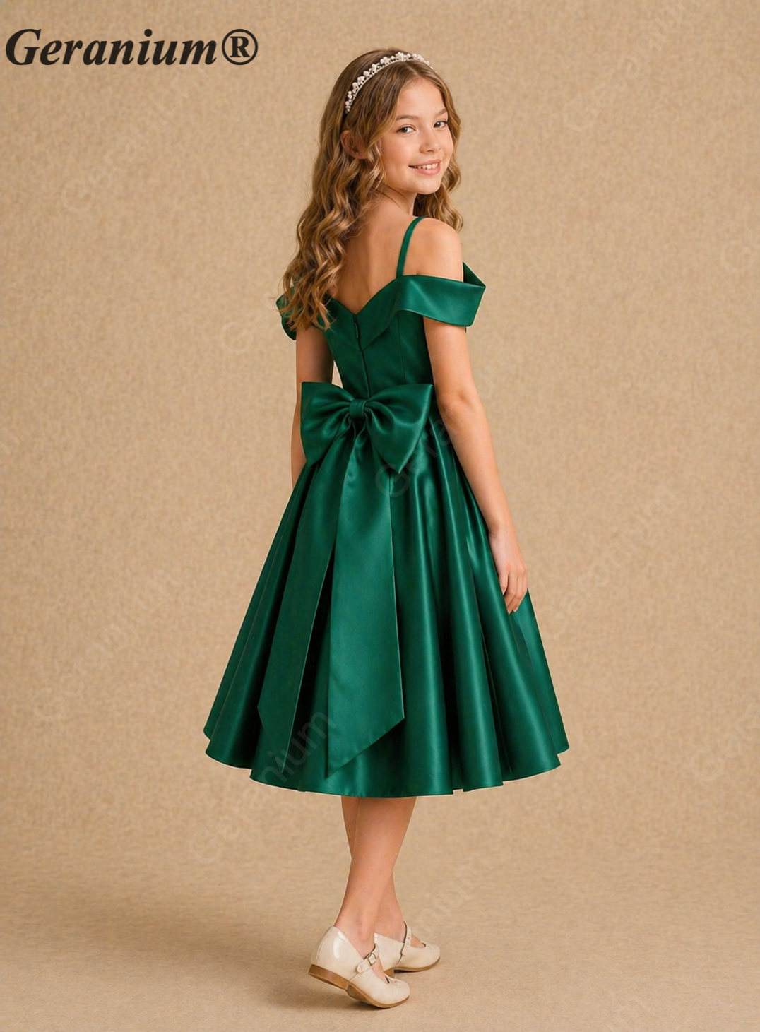 Geranium Emerald Satin Off-Shoulder Flower Girl Dress with Back Bow – KD-8J Secondary image