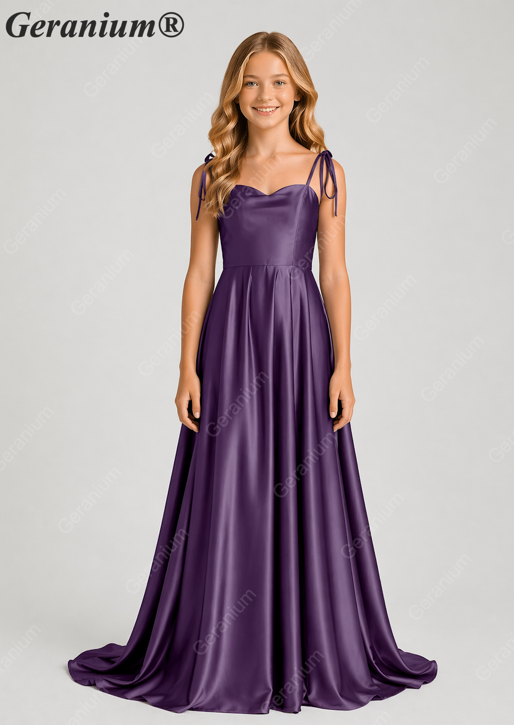 Geranium Elegant Sage Green Satin Cowl Neck Junior Bridesmaid Dress with Tie Straps KD-333