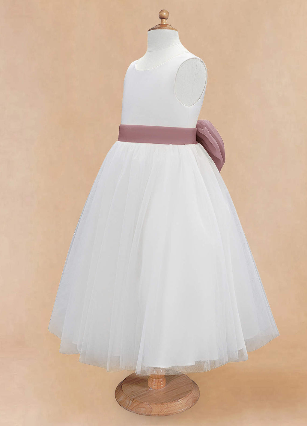 Geranium Elegant White Tulle Flower Girl Dress with Dusty Rose Sash & Oversized Back Bow KD-195