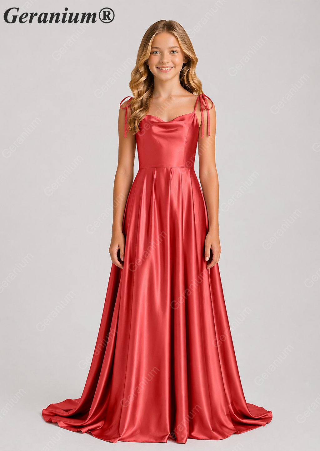 Geranium Elegant Sage Green Satin Cowl Neck Junior Bridesmaid Dress with Tie Straps KD-333