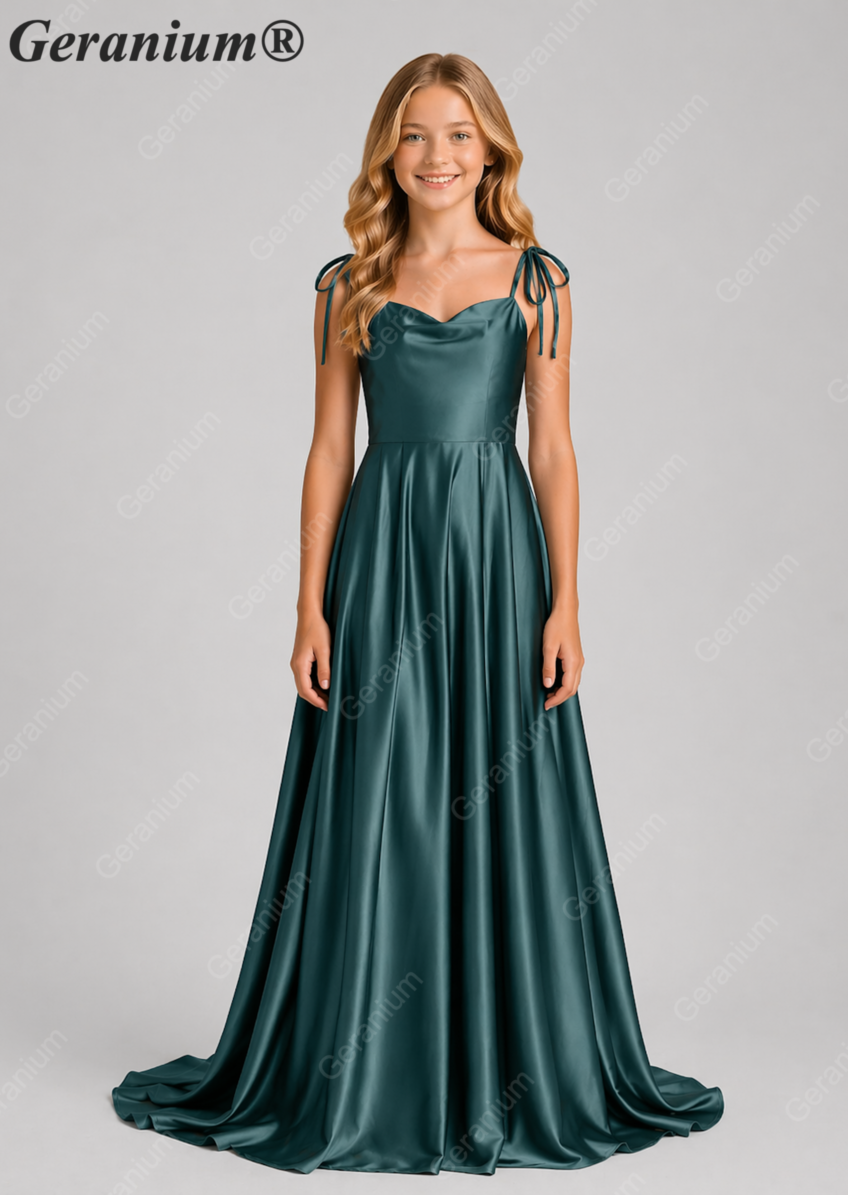 Geranium Elegant Sage Green Satin Cowl Neck Junior Bridesmaid Dress with Tie Straps KD-333