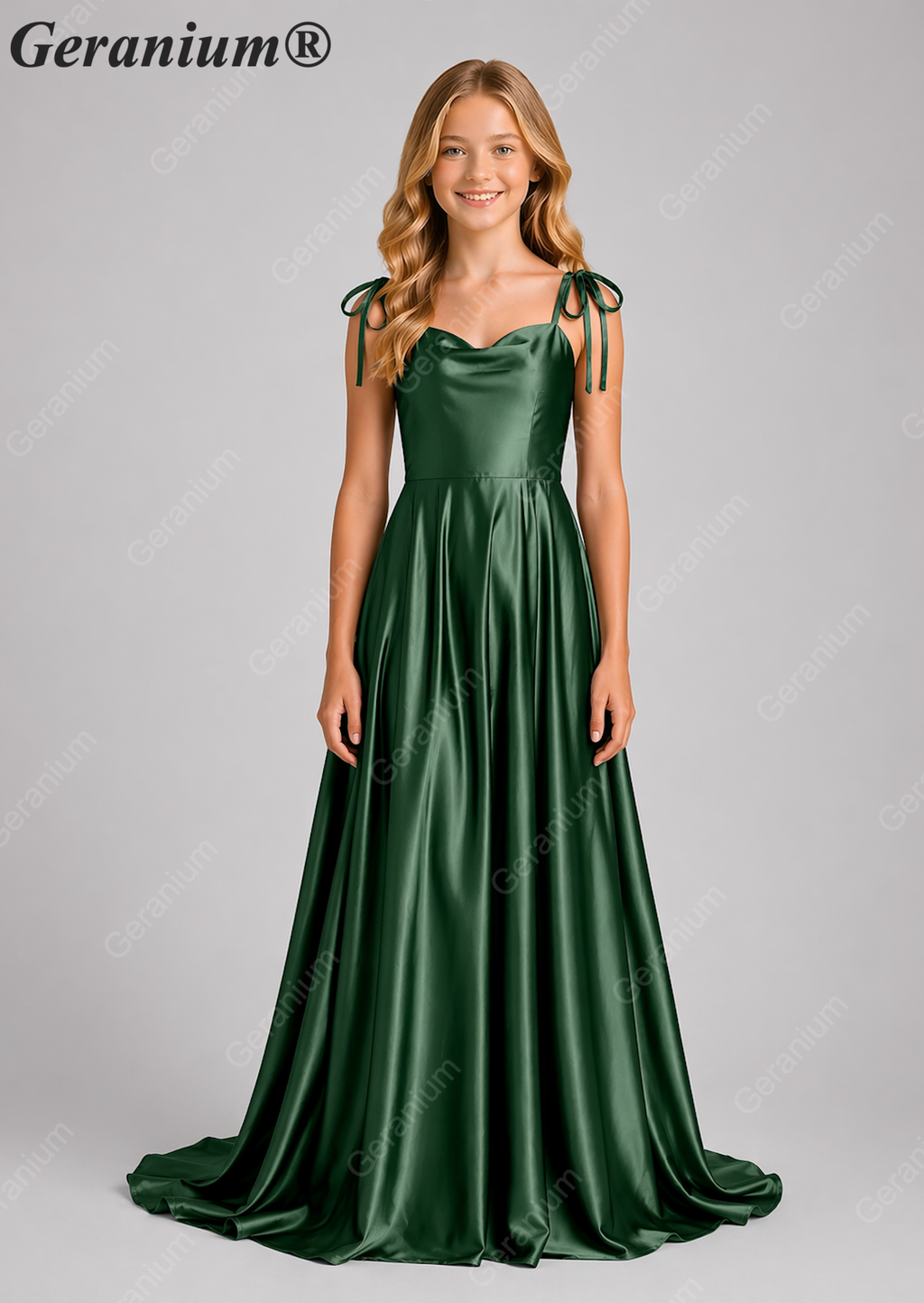 Geranium Elegant Sage Green Satin Cowl Neck Junior Bridesmaid Dress with Tie Straps KD-333