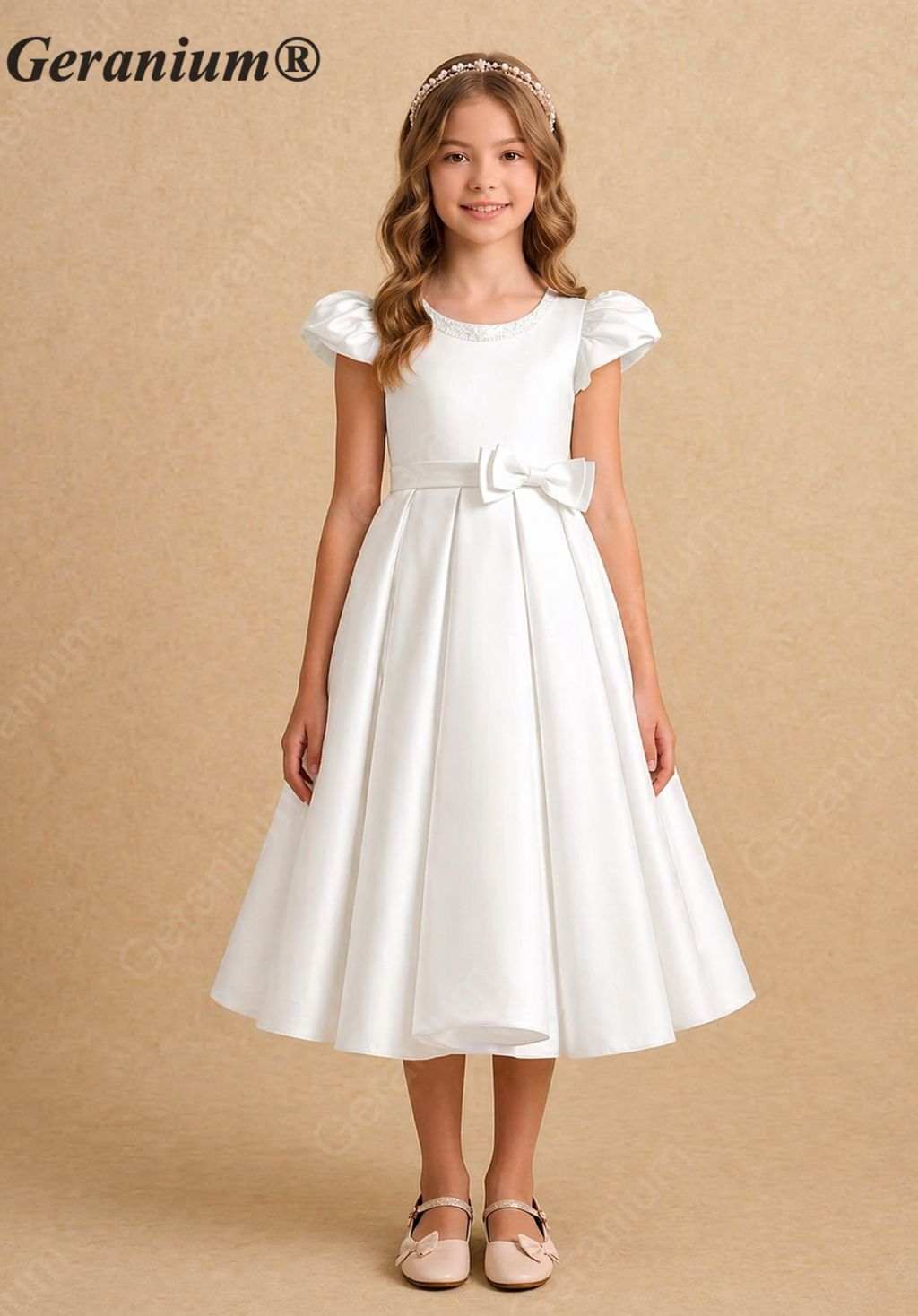 Geranium Elegant White Satin Flower Girl Dress with Pearl Neckline & Large Back Bow KD-223J
