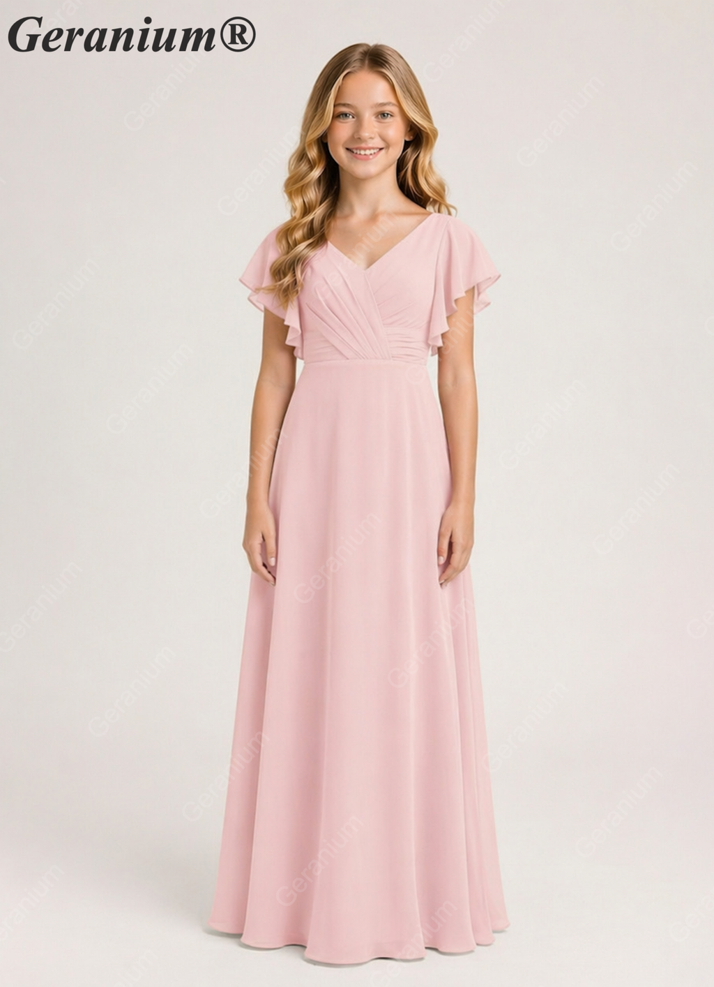 Geranium Elegant V-Neck Flutter Sleeve Chiffon Junior Bridesmaid Dress Long KD-320