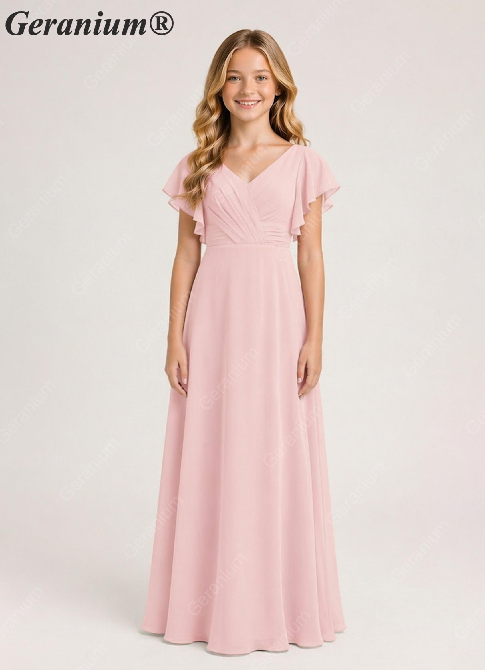 Geranium Elegant V-Neck Flutter Sleeve Chiffon Junior Bridesmaid Dress Long KD-320