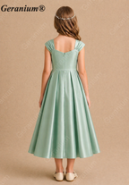 Geranium Elegant Sage Green Satin Junior Bridesmaid Dress with Pearl Square Neckline KD-211J