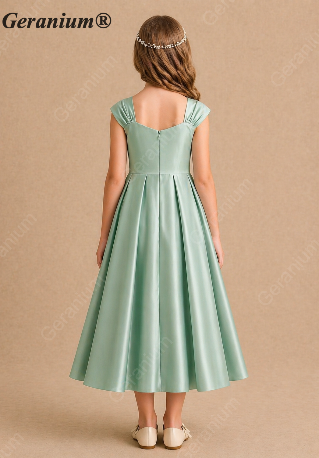 Geranium Elegant Sage Green Satin Junior Bridesmaid Dress with Pearl Square Neckline KD-211J
