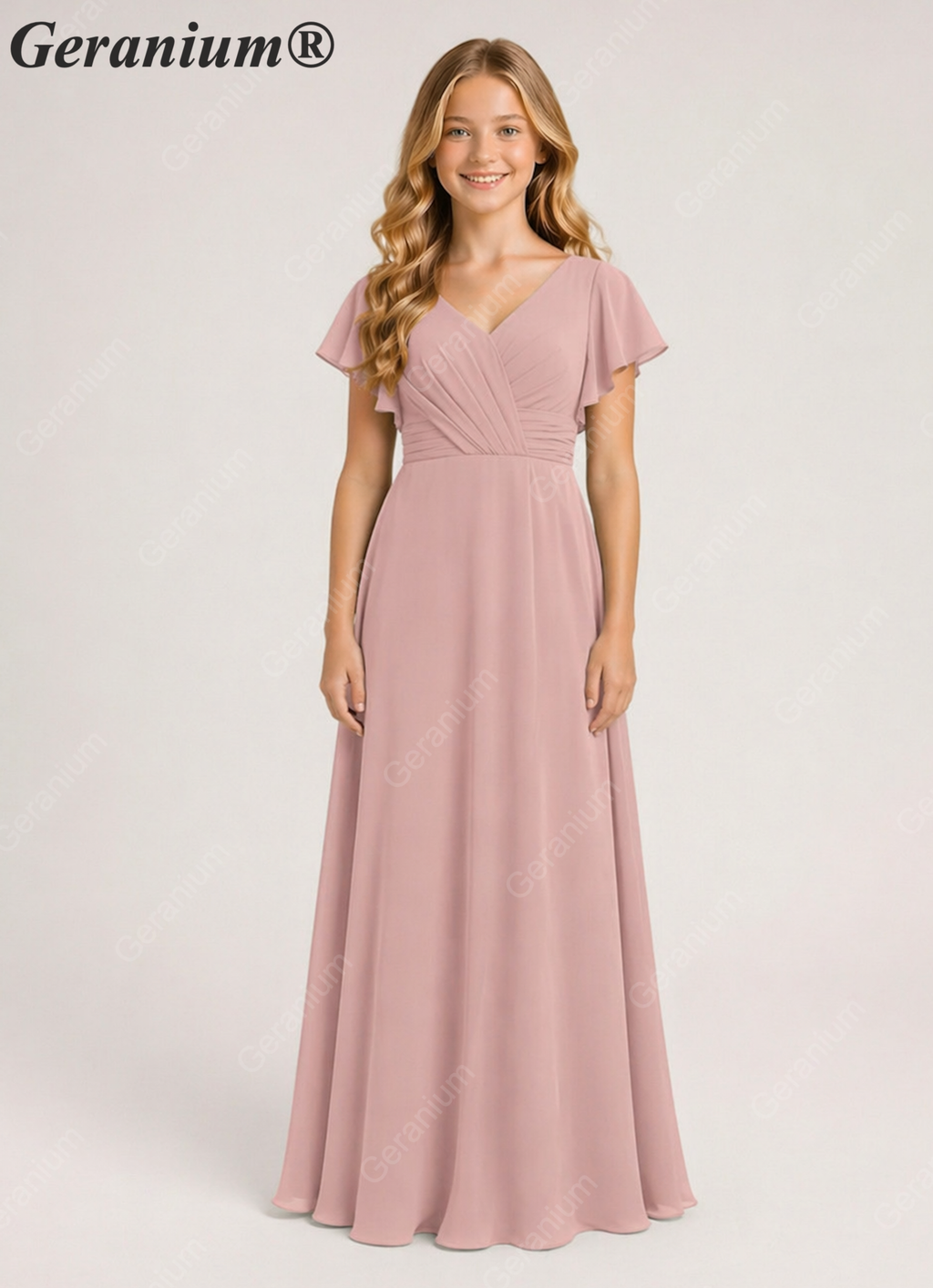 Geranium Elegant V-Neck Flutter Sleeve Chiffon Junior Bridesmaid Dress Long KD-320