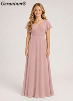 Geranium Elegant V-Neck Flutter Sleeve Chiffon Junior Bridesmaid Dress Long KD-320