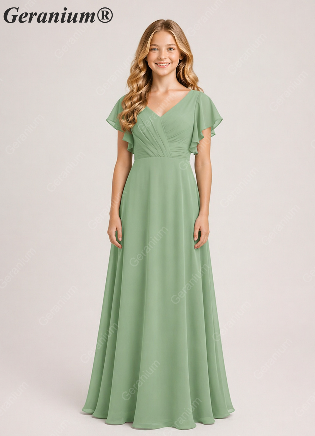 Geranium Elegant V-Neck Flutter Sleeve Chiffon Junior Bridesmaid Dress Long KD-320