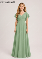 Geranium Elegant V-Neck Flutter Sleeve Chiffon Junior Bridesmaid Dress Long KD-320