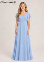 Geranium Elegant V-Neck Flutter Sleeve Chiffon Junior Bridesmaid Dress Long KD-320