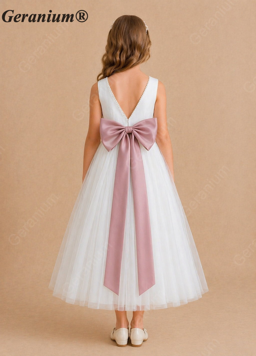 Geranium Elegant White Tulle Flower Girl Dress with Dusty Rose Satin Bow & Pearl V-Back KD-9J