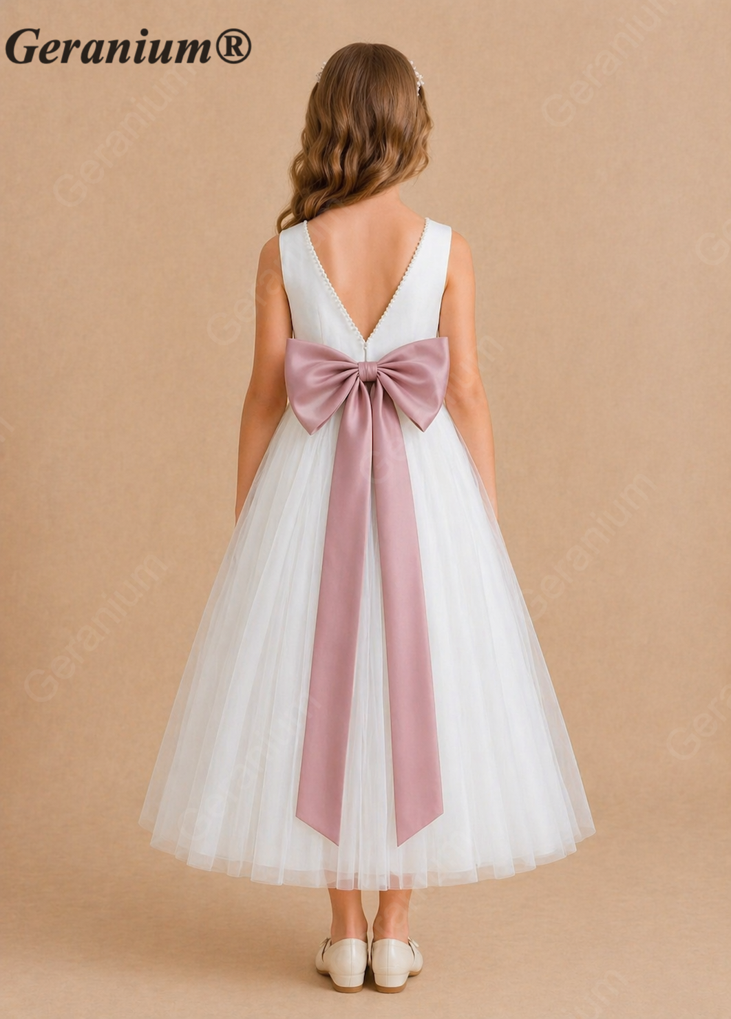 Geranium Elegant White Tulle Flower Girl Dress with Dusty Rose Satin Bow & Pearl V-Back KD-9J