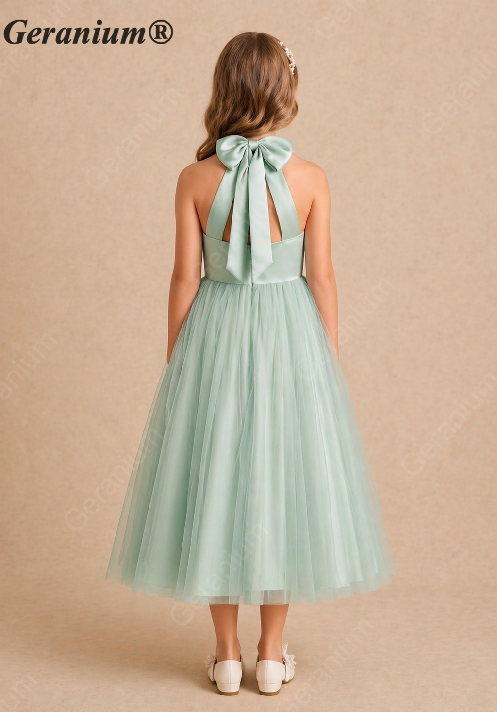 Geranium Elegant Halter Satin and Tulle Junior Bridesmaid Dress with Back Bow KD-205J