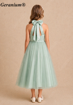 Geranium Elegant Halter Satin and Tulle Junior Bridesmaid Dress with Back Bow KD-205J