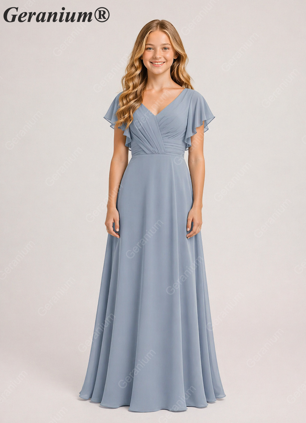 Geranium Elegant V-Neck Flutter Sleeve Chiffon Junior Bridesmaid Dress Long KD-320