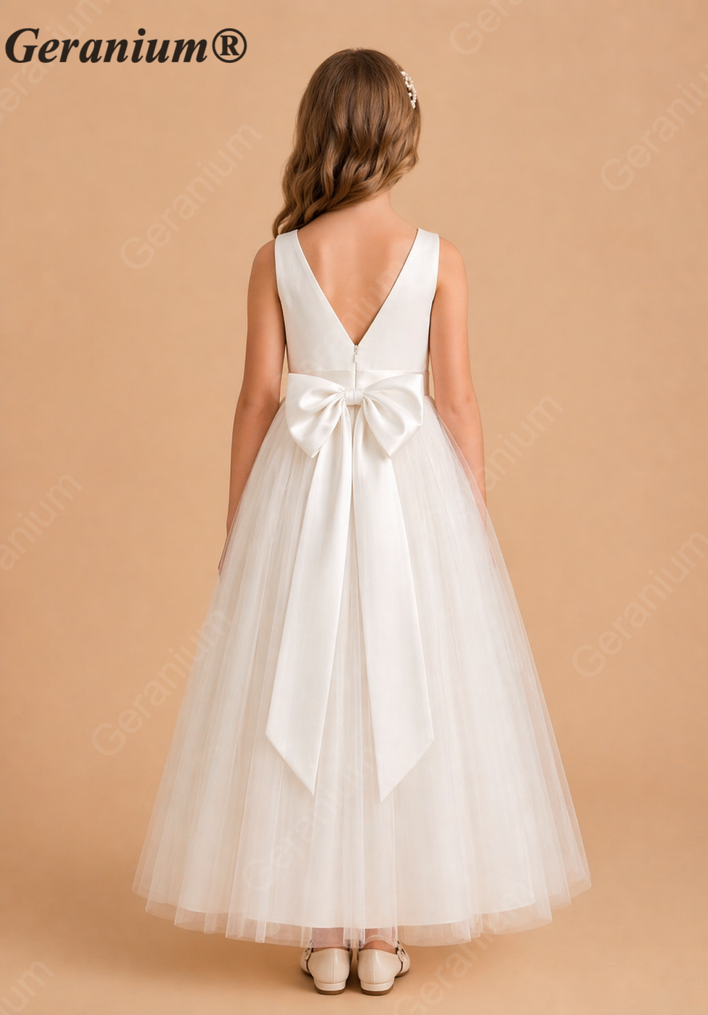 Geranium Elegant Minimalist V-Neck Satin and Tulle Flower Girl Dress with Back Bow KD-199J