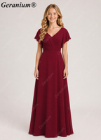 Geranium Elegant V-Neck Flutter Sleeve Chiffon Junior Bridesmaid Dress Long KD-320