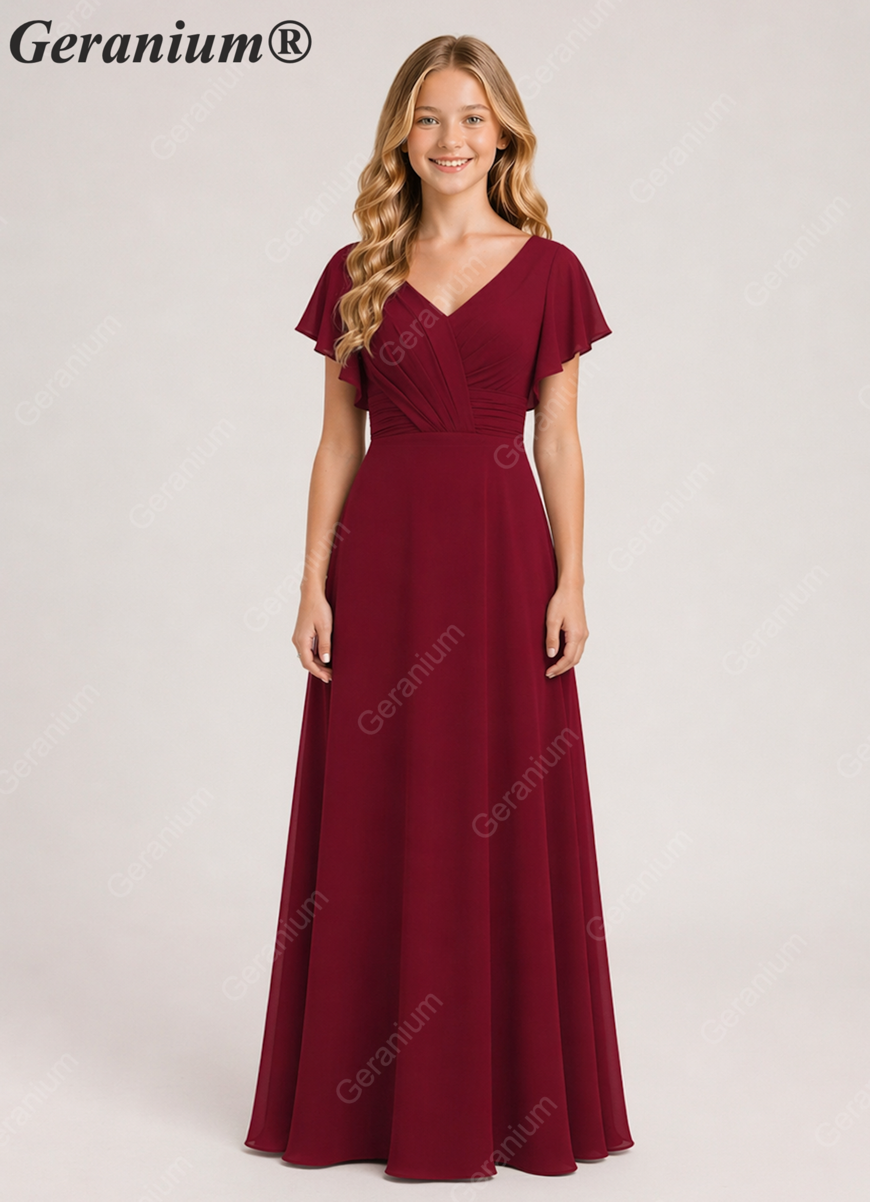 Geranium Elegant V-Neck Flutter Sleeve Chiffon Junior Bridesmaid Dress Long KD-320