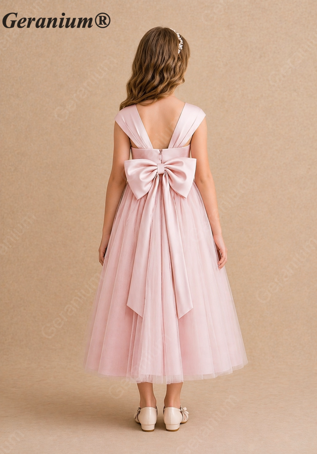 Geranium Blush Pink Satin & Tulle Junior Bridesmaid Dress with Oversized Bow – KD-184J Secondary image