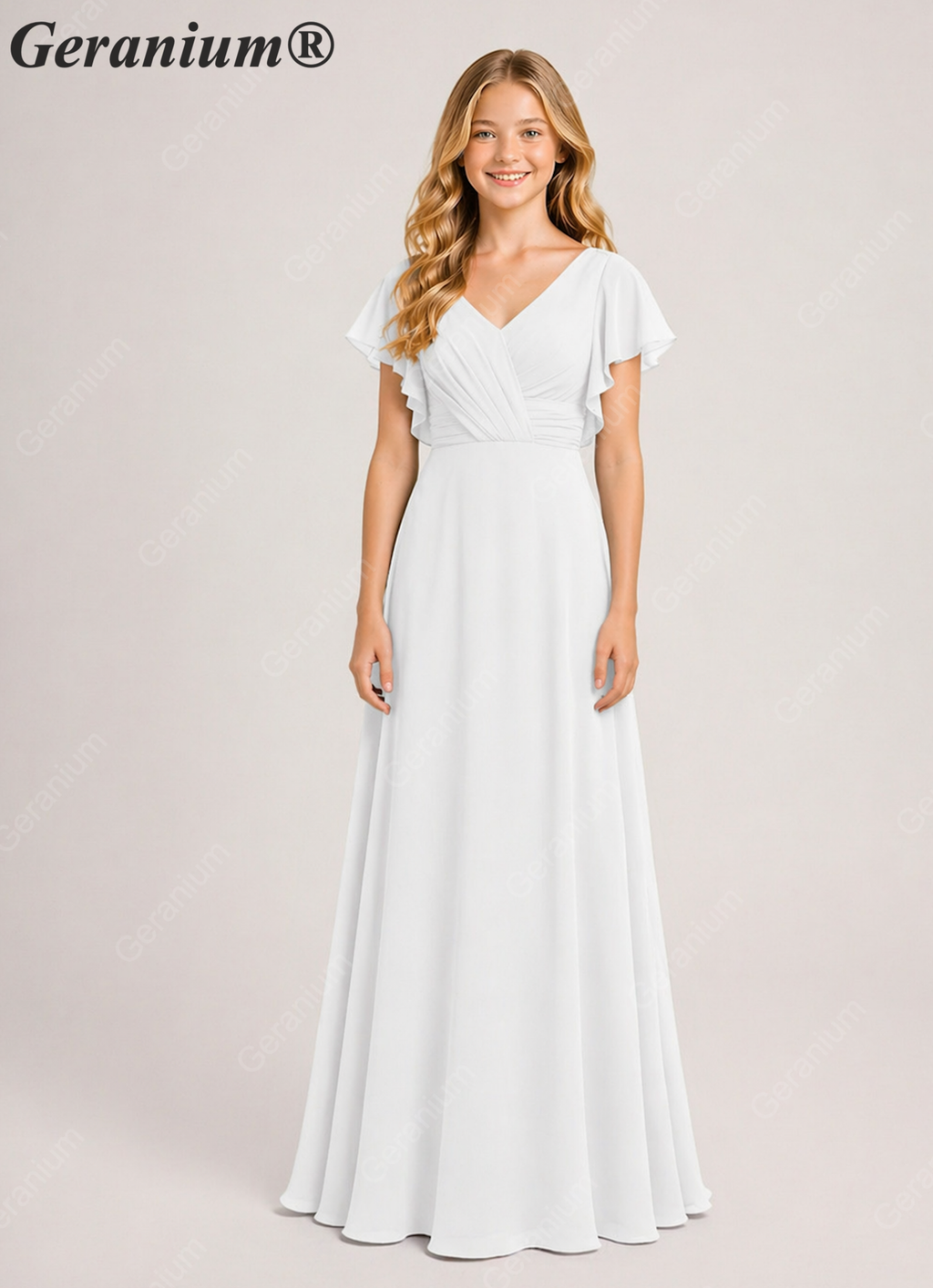 Geranium Elegant V-Neck Flutter Sleeve Chiffon Junior Bridesmaid Dress Long KD-320