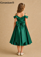 Geranium Elegant Emerald Green Satin Off-the-Shoulder Flower Girl Dress with Big Bow KD-8J