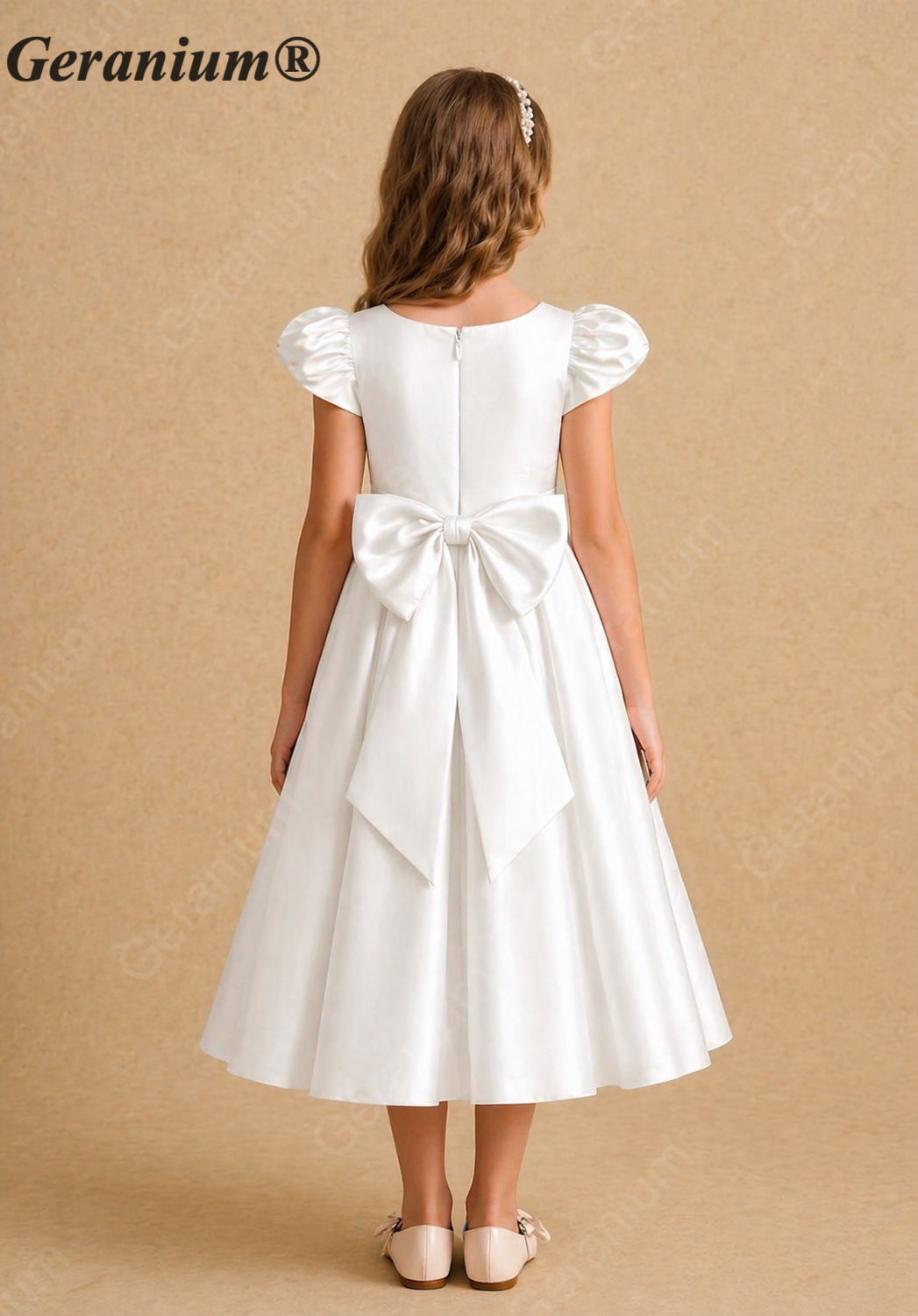 Geranium Elegant White Satin Flower Girl Dress with Pearl Neckline & Large Back Bow KD-223J
