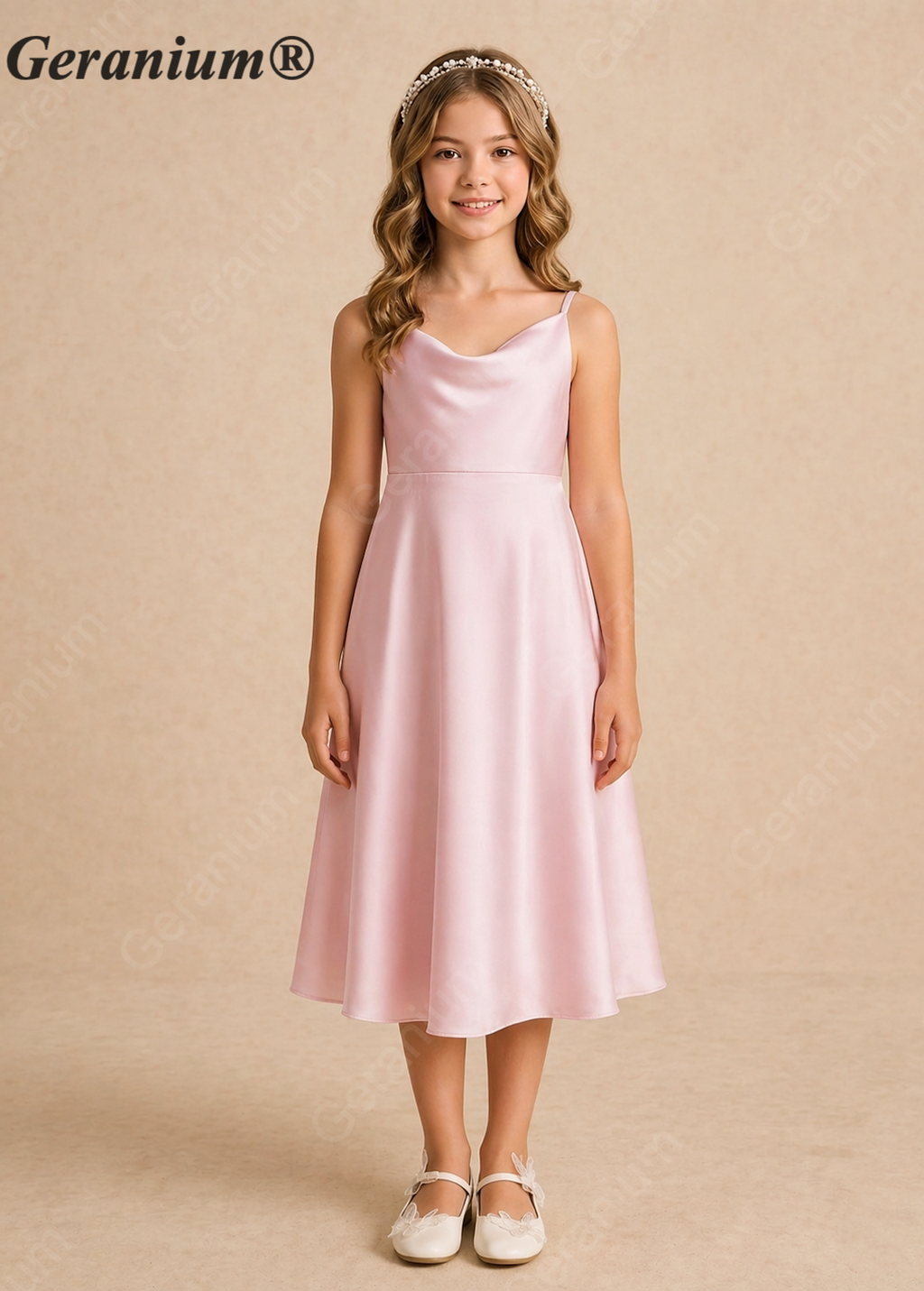 Geranium Elegant Cowl Neck Satin Junior Bridesmaid Midi Dress KD-224J