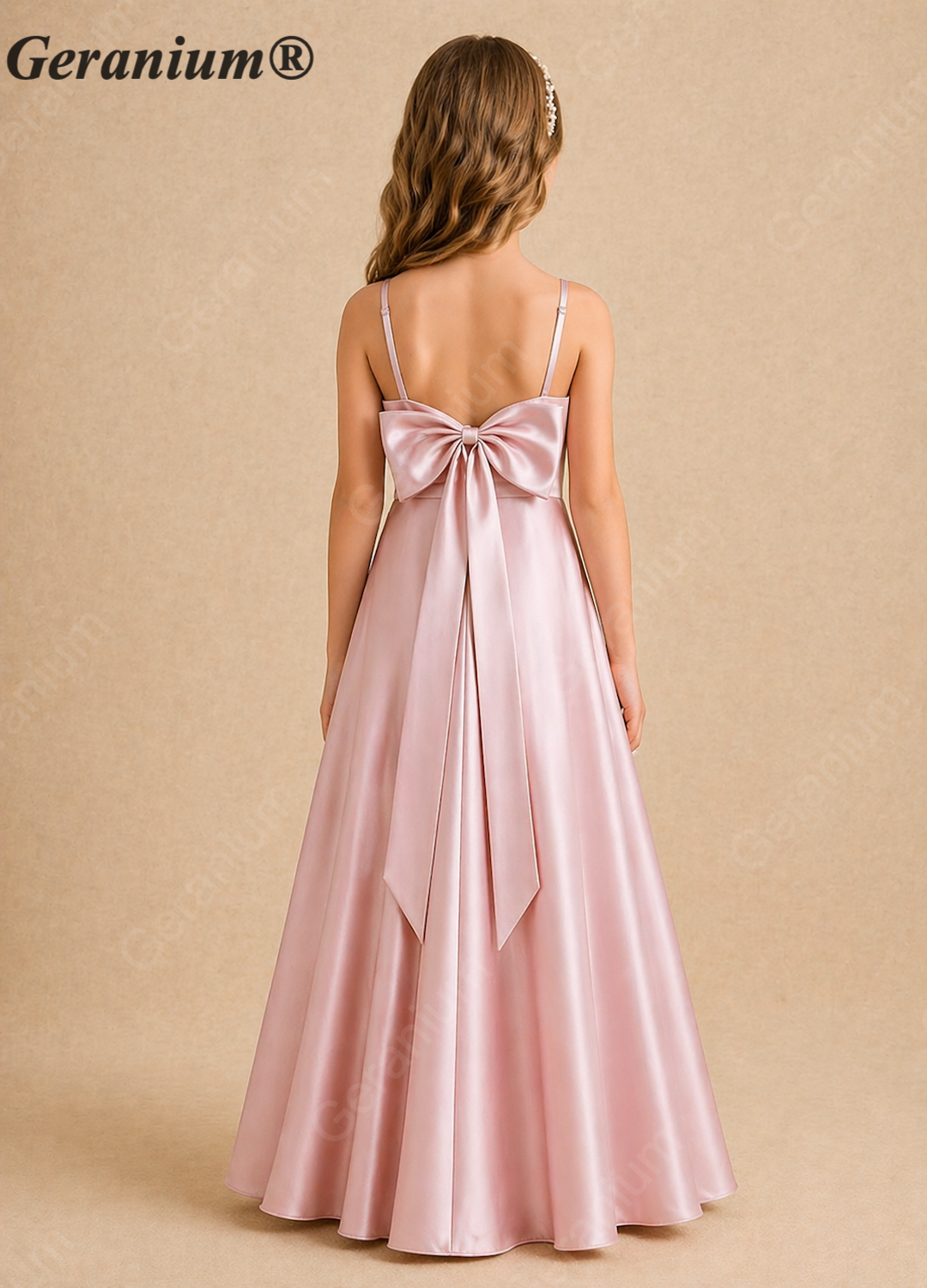 Geranium Elegant Satin Spaghetti Strap Junior Bridesmaid Dress with Statement Back Bow KD-215J