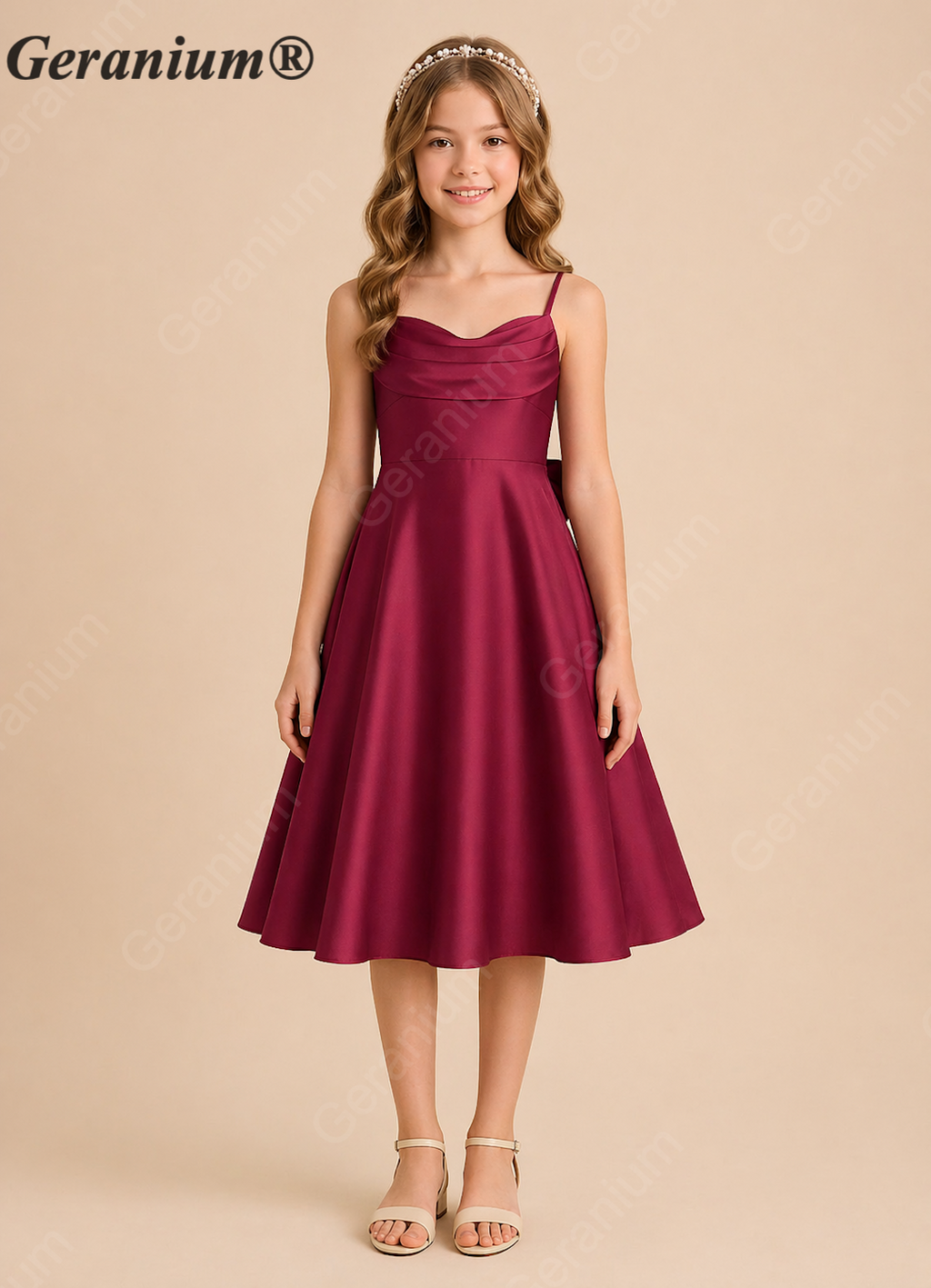 Geranium Elegant Burgundy Satin Junior Bridesmaid Dress with Back Bow | Spaghetti Strap A-Line Party Dress KD-78J