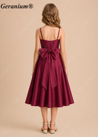 Geranium Elegant Burgundy Satin Junior Bridesmaid Dress with Back Bow | Spaghetti Strap A-Line Party Dress KD-78J