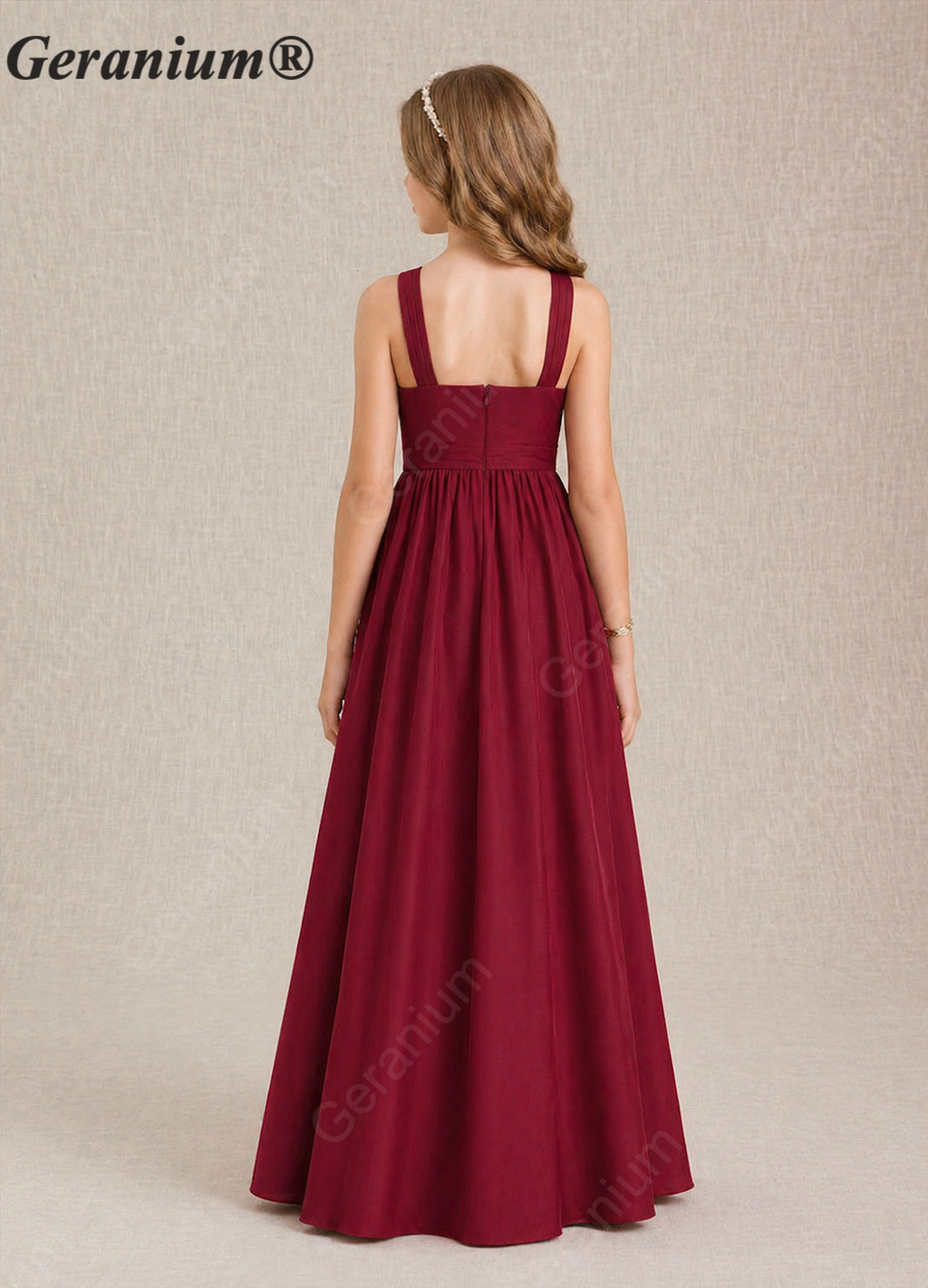 Geranium Elegant Chiffon Criss-Cross Halter Junior Bridesmaid Dress in Burgundy KD-65J